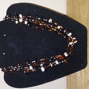 Chic Multi-Strand Beaded Necklace - Brown and White